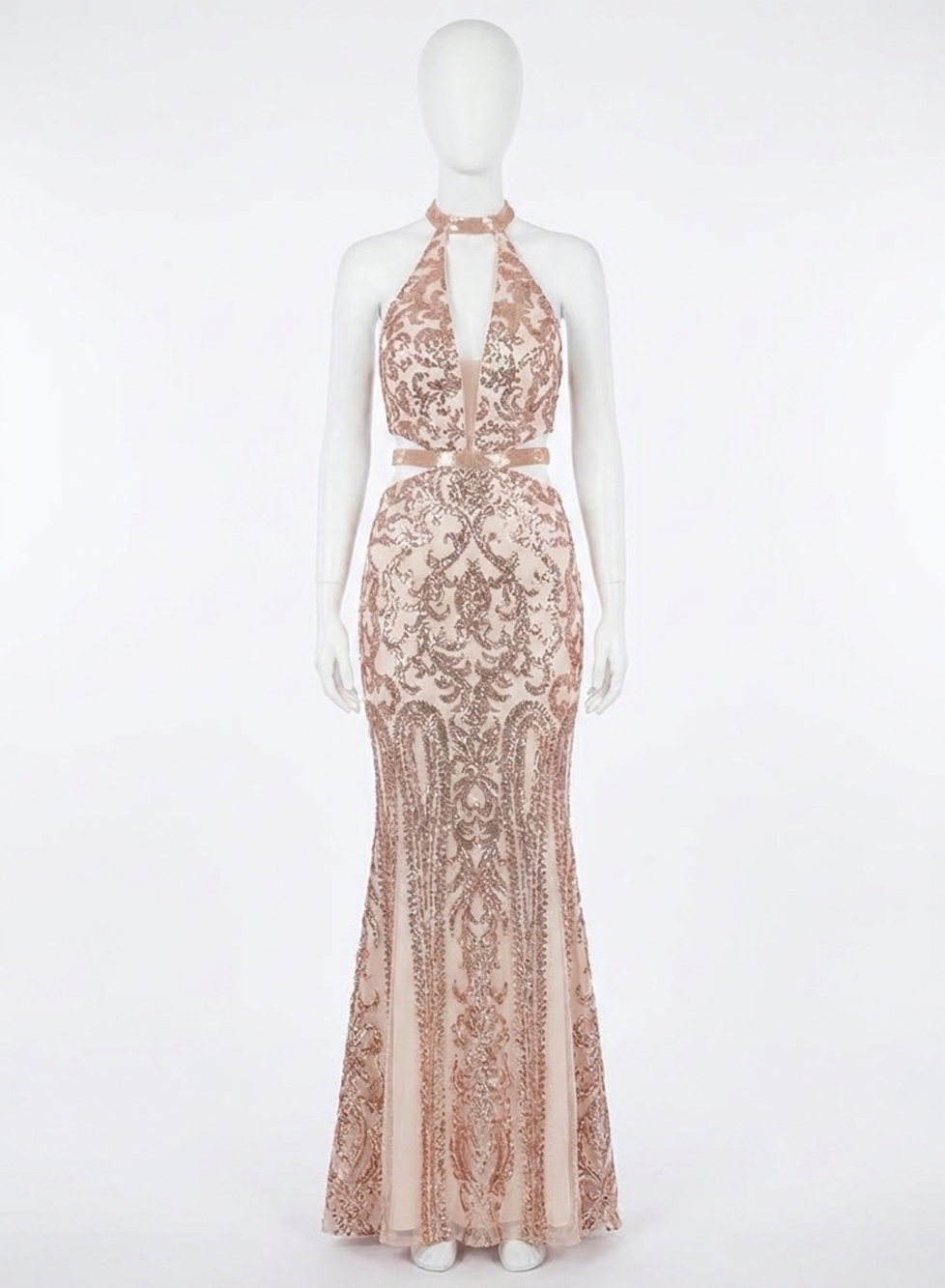NEW RACHEL ALLAN sequin prom dress with cutouts in rose gold